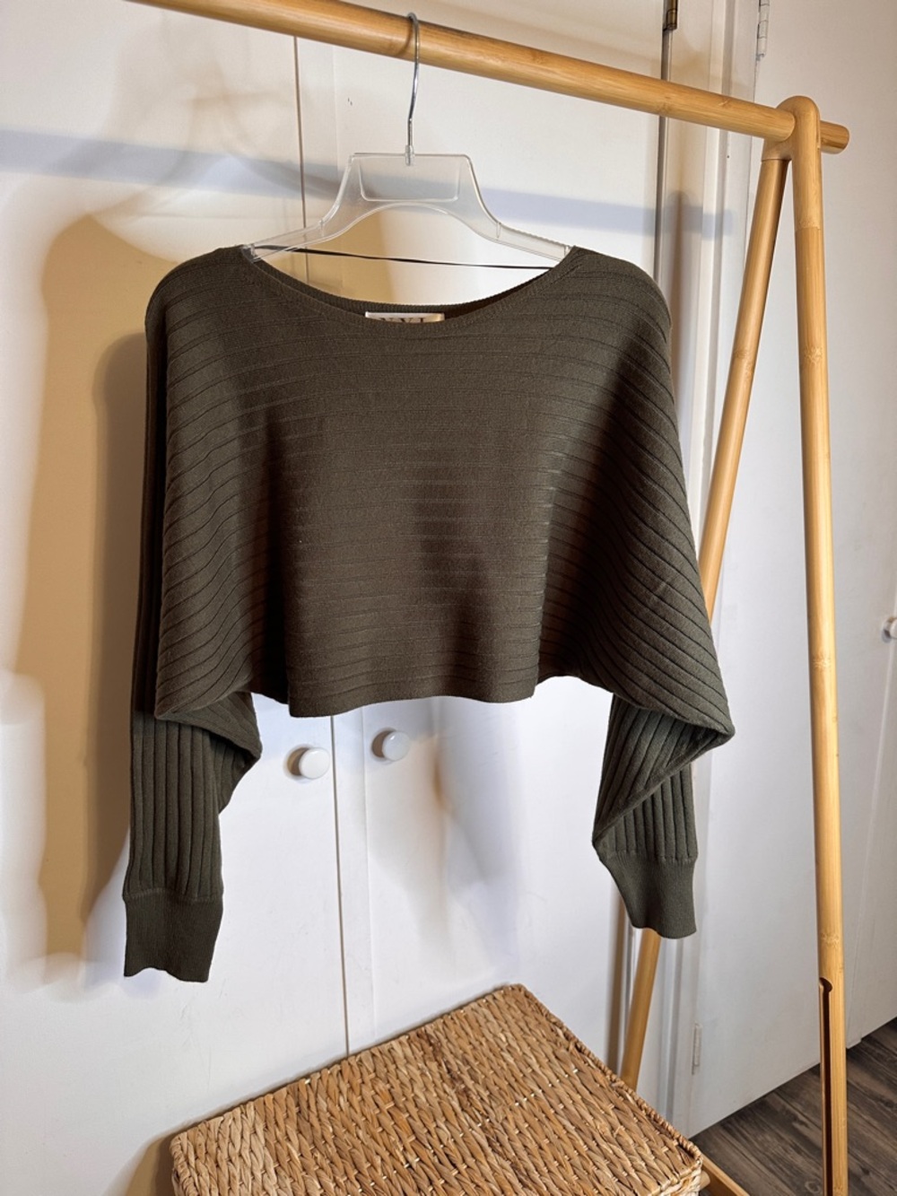 New York Laundry Olive‎ Off-Shoulder Cropped Ribbed Sweater
